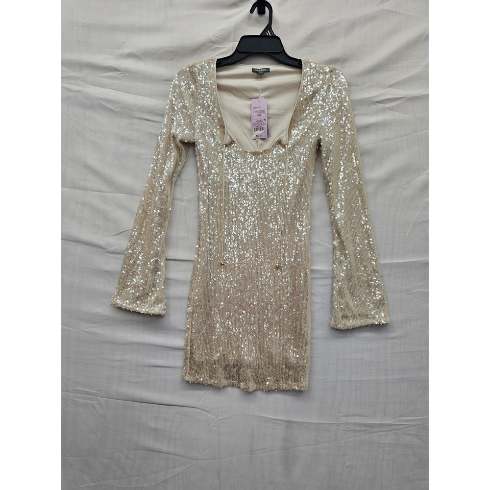 Wild Fable Womens Sequin Long Sleeve Mini Dress Cream Polyester Casual Size XXS